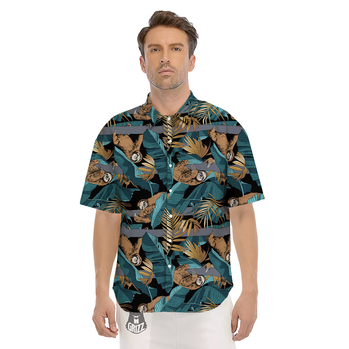 Sloth Tropical Print Pattern Men's Short Sleeve Shirts-grizzshop
