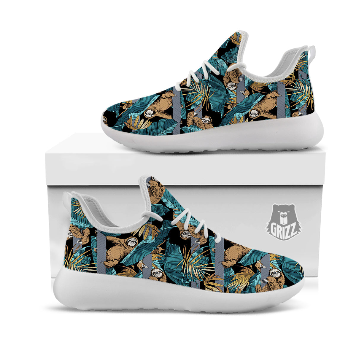 Sloth Tropical Print Pattern White Athletic Shoes-grizzshop