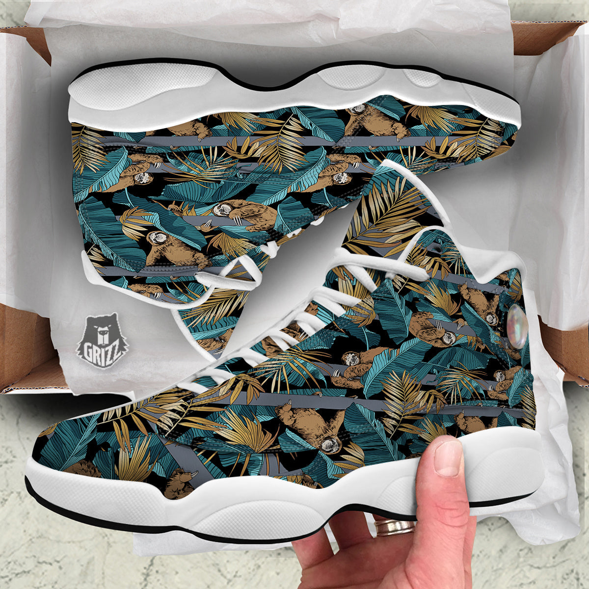 Sloth Tropical Print Pattern White Basketball Shoes-grizzshop