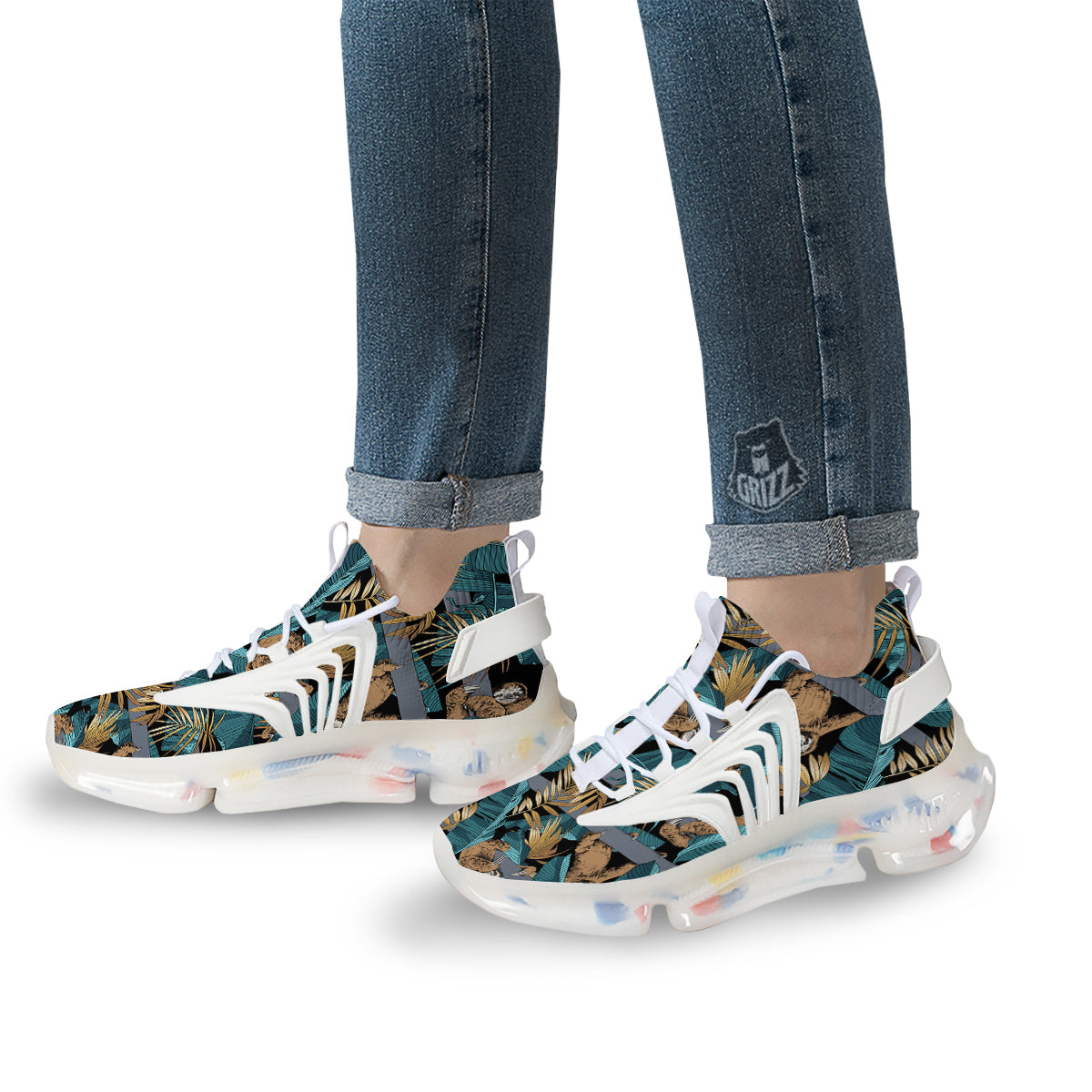 Sloth Tropical Print Pattern White Gym Shoes-grizzshop