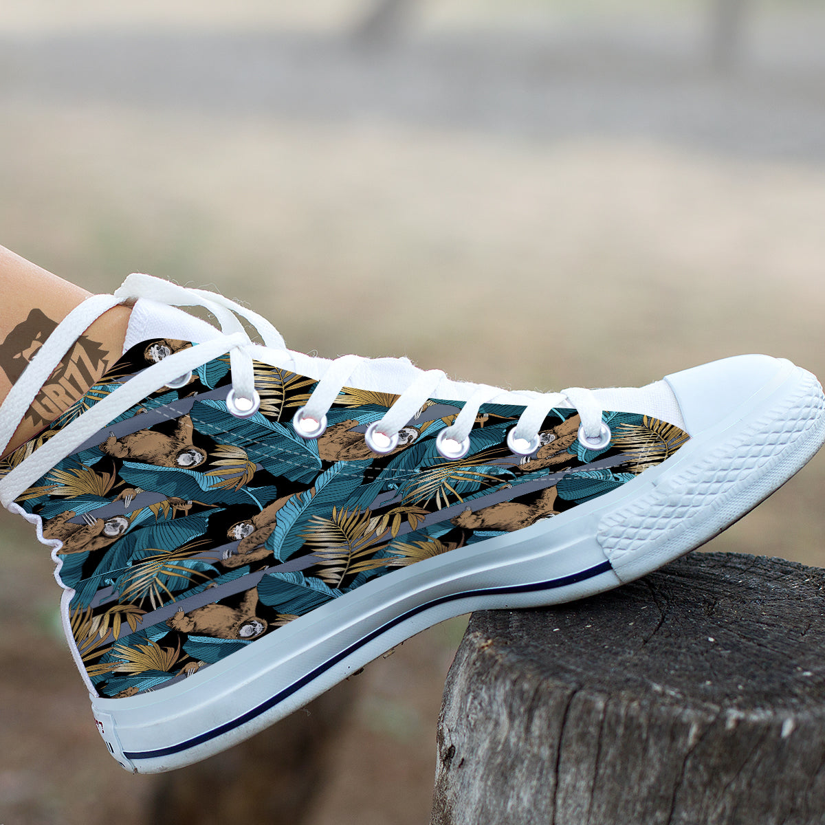 Sloth Tropical Print Pattern White High Top Shoes-grizzshop