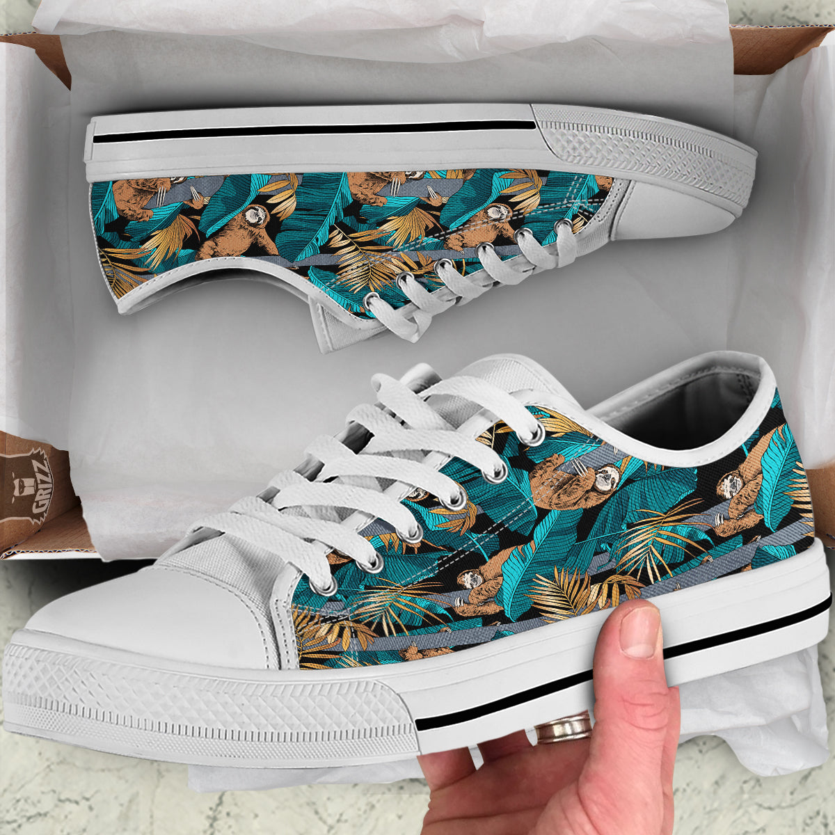 Sloth Tropical Print Pattern White Low Top Shoes-grizzshop