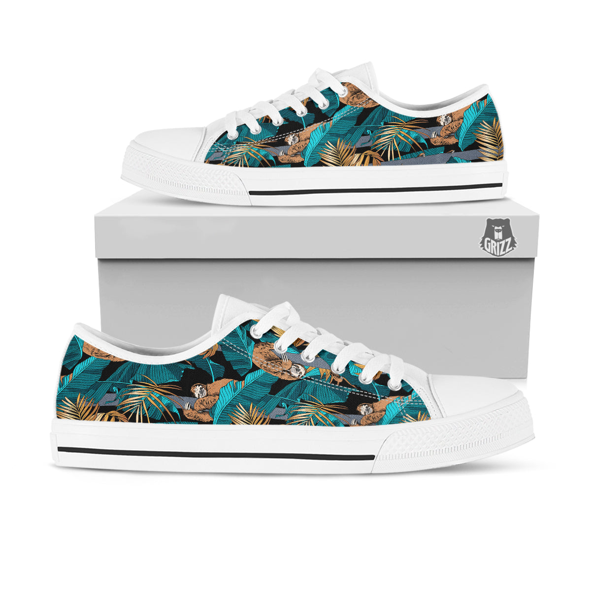 Sloth Tropical Print Pattern White Low Top Shoes-grizzshop