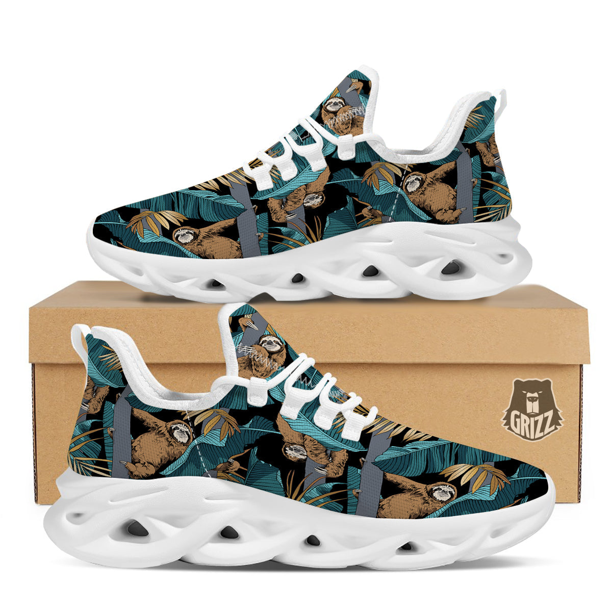 Sloth Tropical Print Pattern White Running Shoes-grizzshop