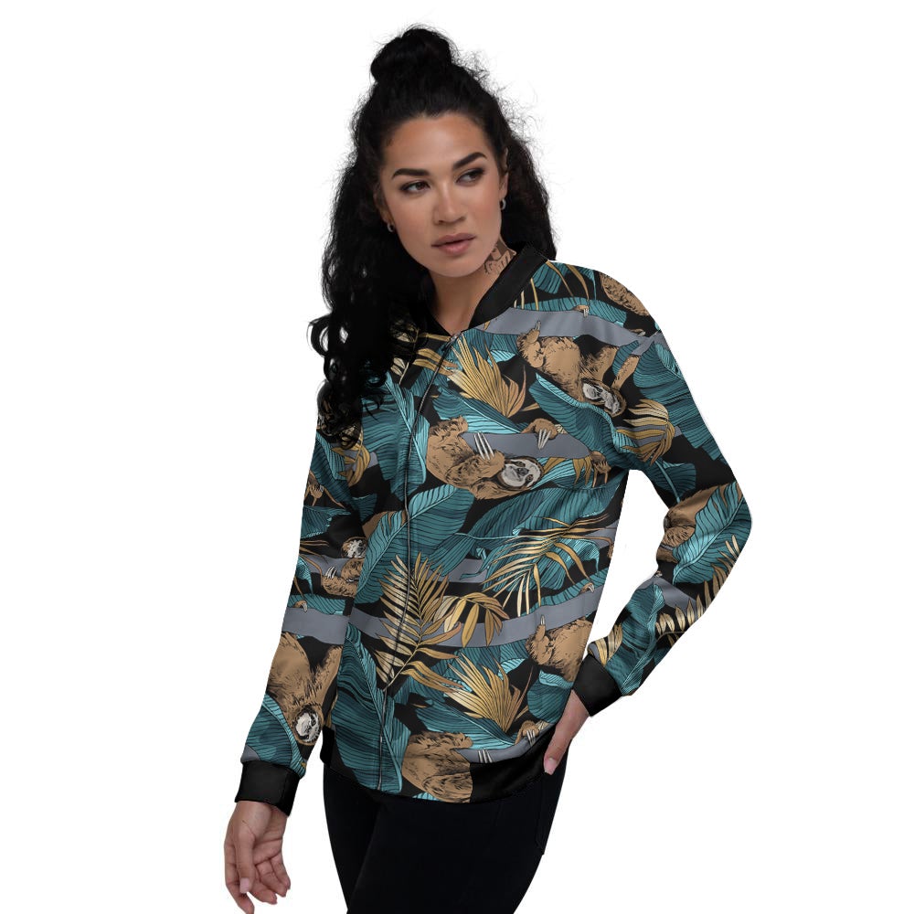 Sloth Tropical Print Pattern Women's Bomber Jacket-grizzshop