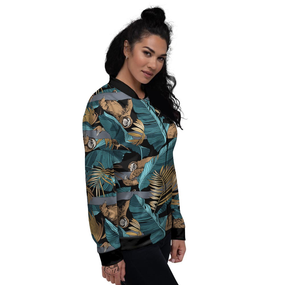 Sloth Tropical Print Pattern Women's Bomber Jacket-grizzshop