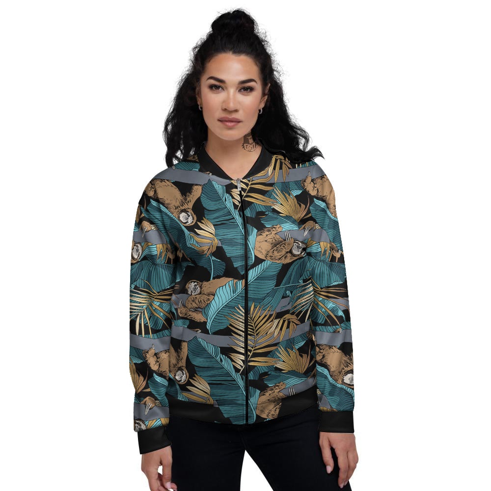 Sloth Tropical Print Pattern Women's Bomber Jacket-grizzshop