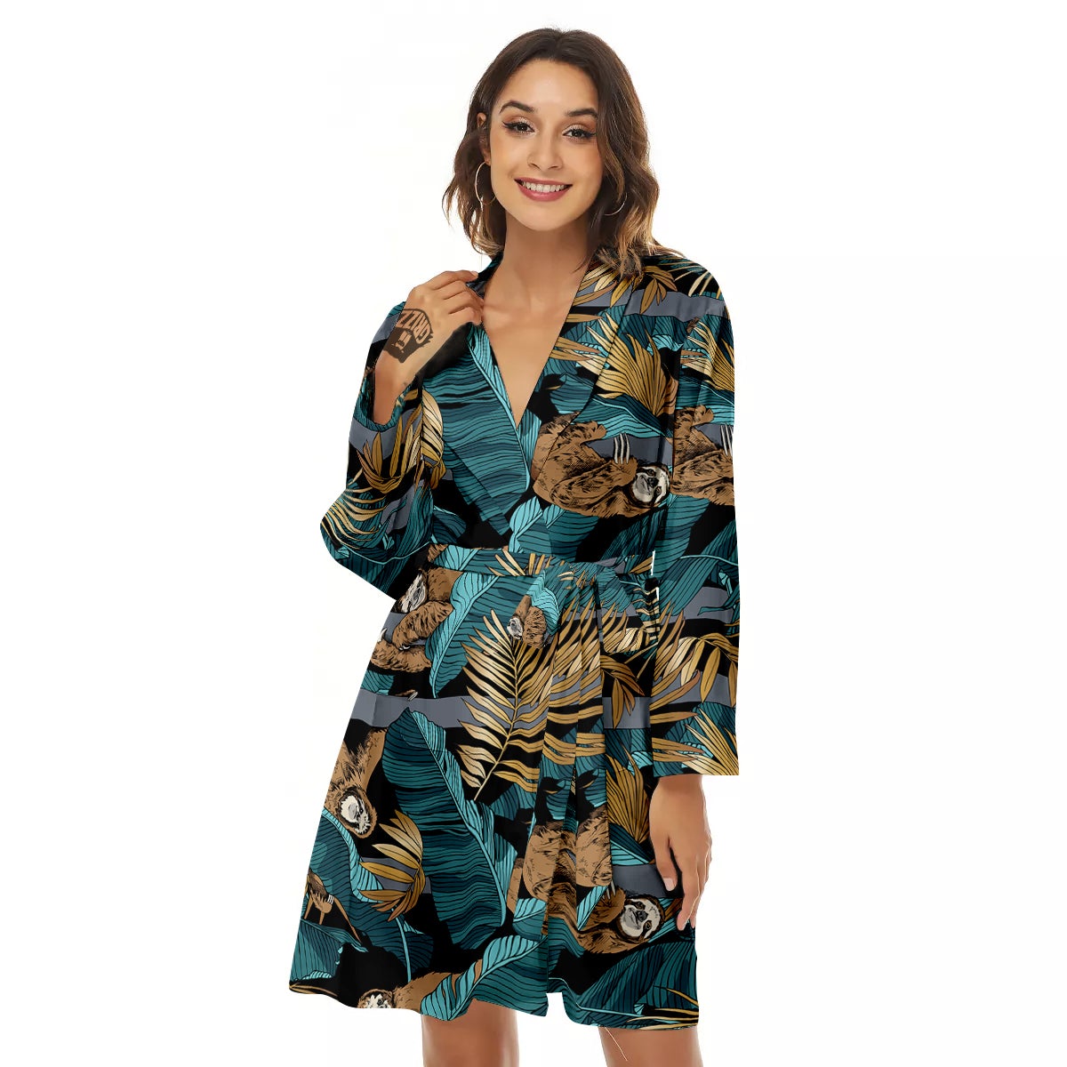 Sloth Tropical Print Pattern Women's Robe-grizzshop