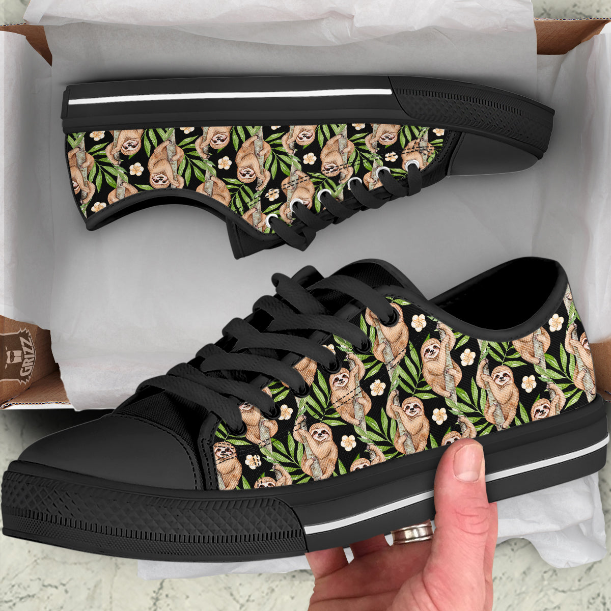 Sloth Watercolor Print Pattern Black Low Top Shoes-grizzshop