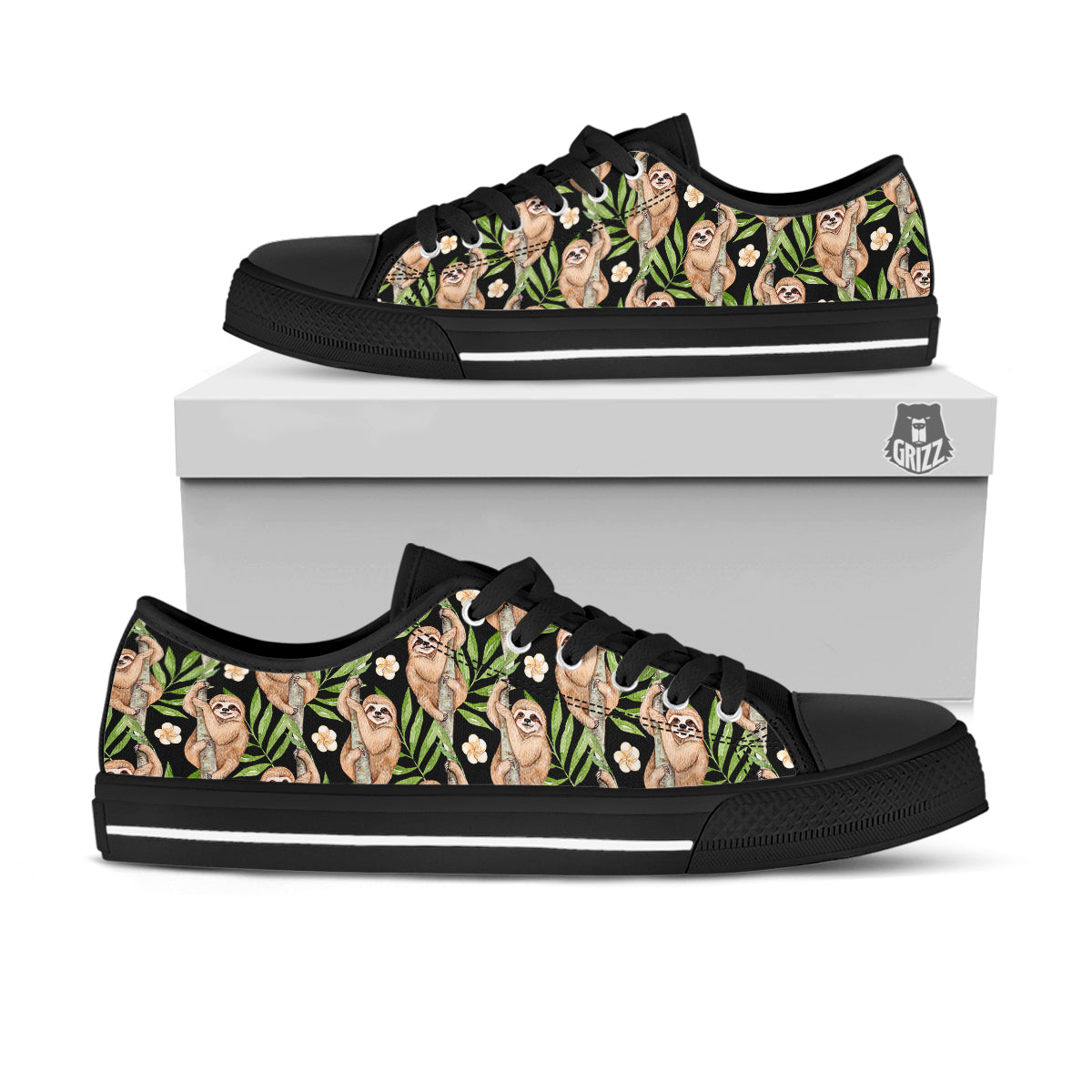 Sloth Watercolor Print Pattern Black Low Top Shoes-grizzshop