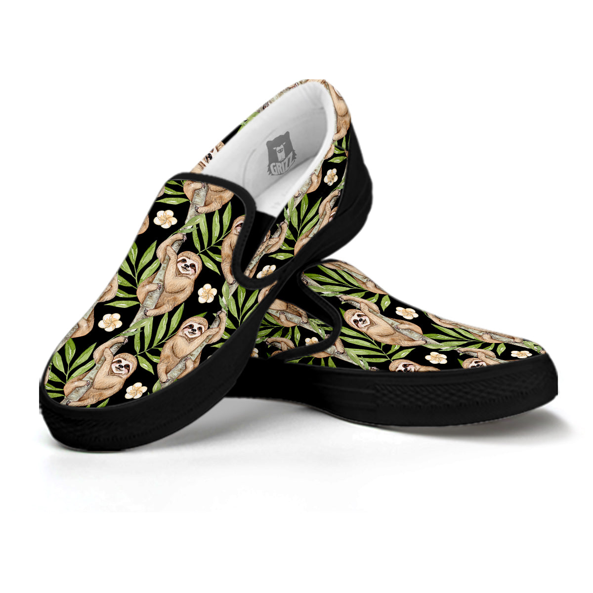 Sloth Watercolor Print Pattern Black Slip On Shoes-grizzshop