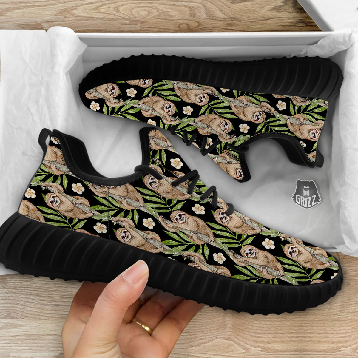 Sloth Watercolor Print Pattern Black Walking Shoes-grizzshop