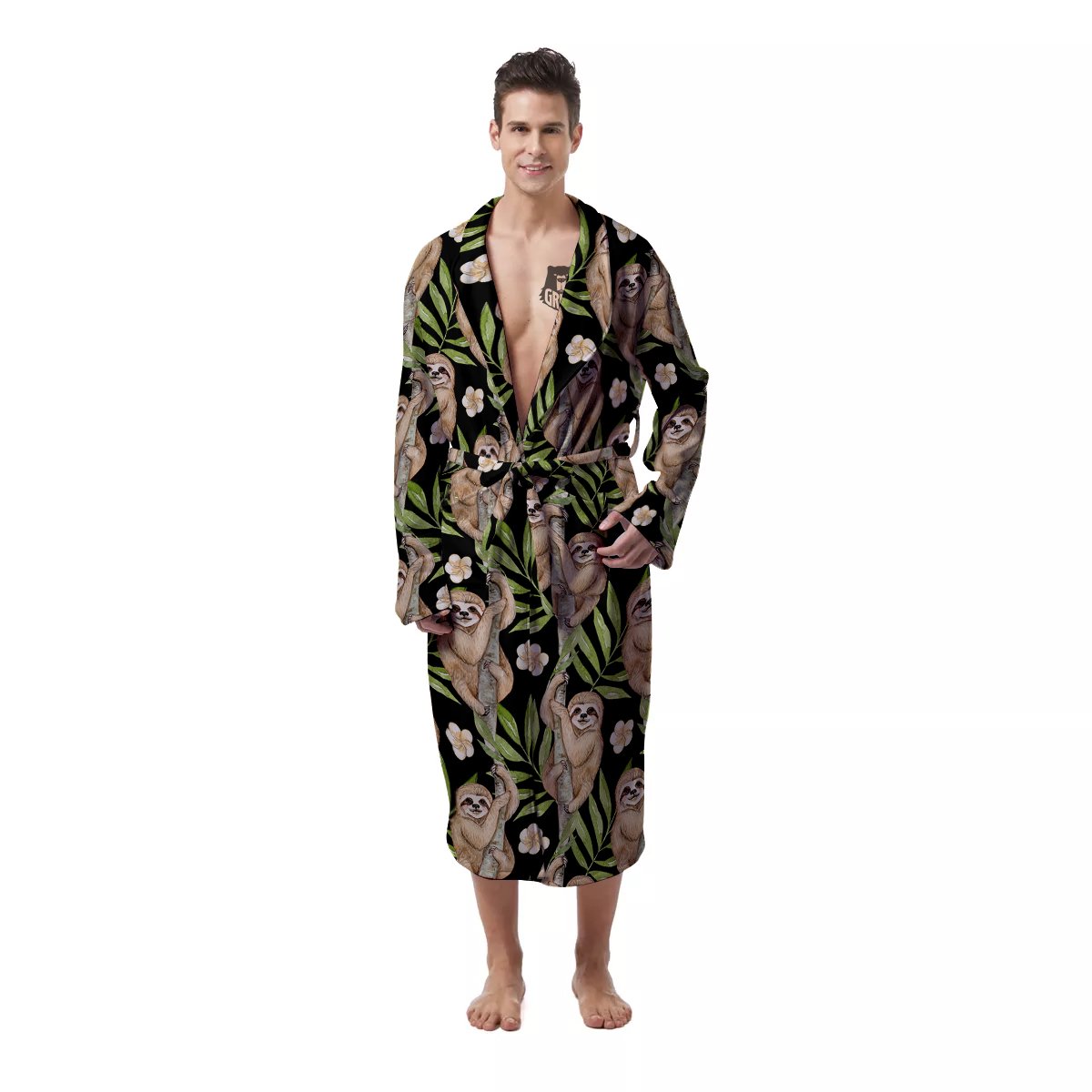 Sloth Watercolor Print Pattern Men's Robe-grizzshop