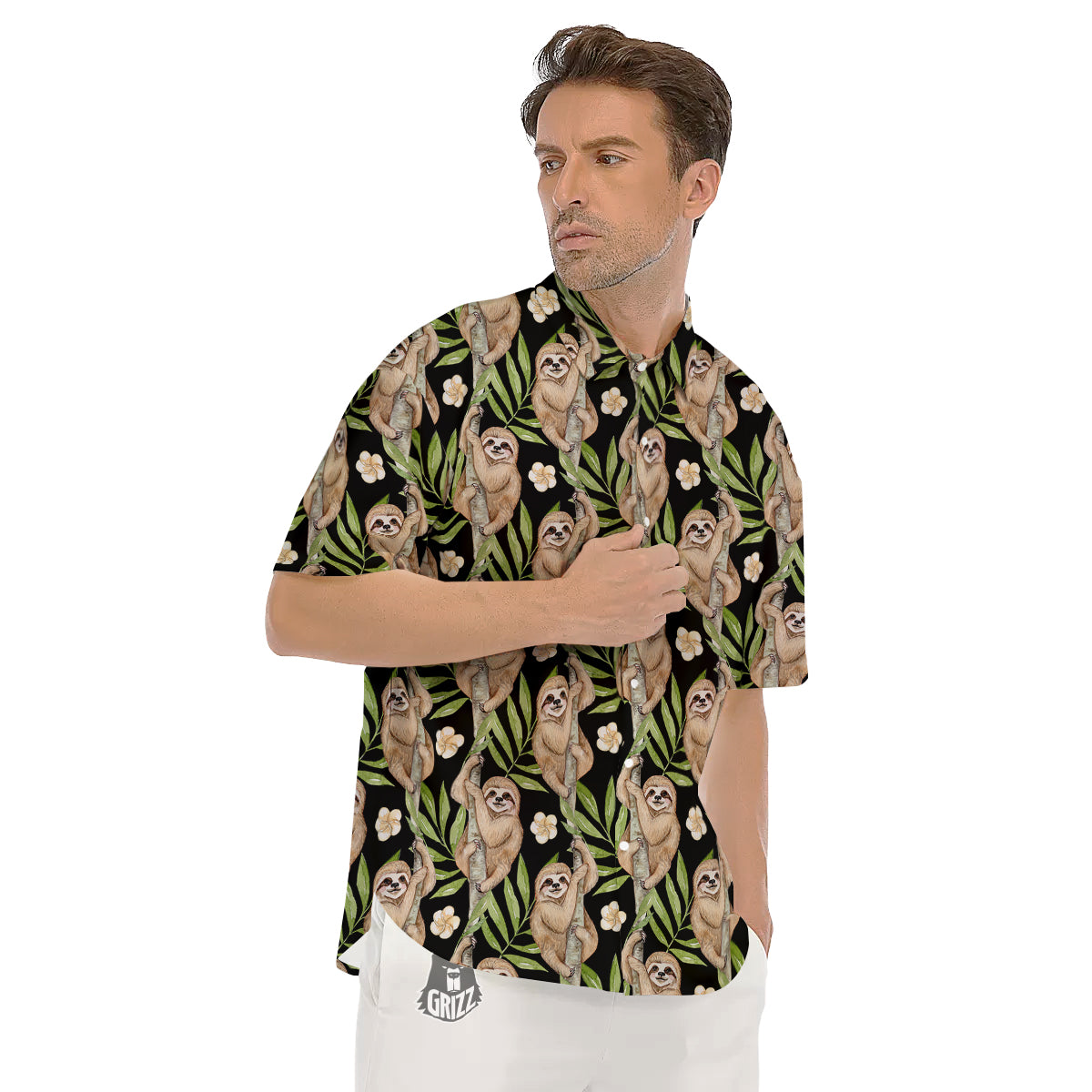 Sloth Watercolor Print Pattern Men's Short Sleeve Shirts-grizzshop