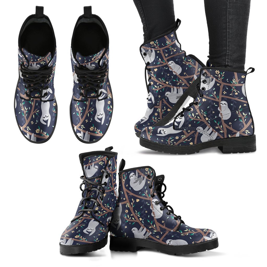 Sloth Floral Pattern Print Men Women Leather Boots-grizzshop