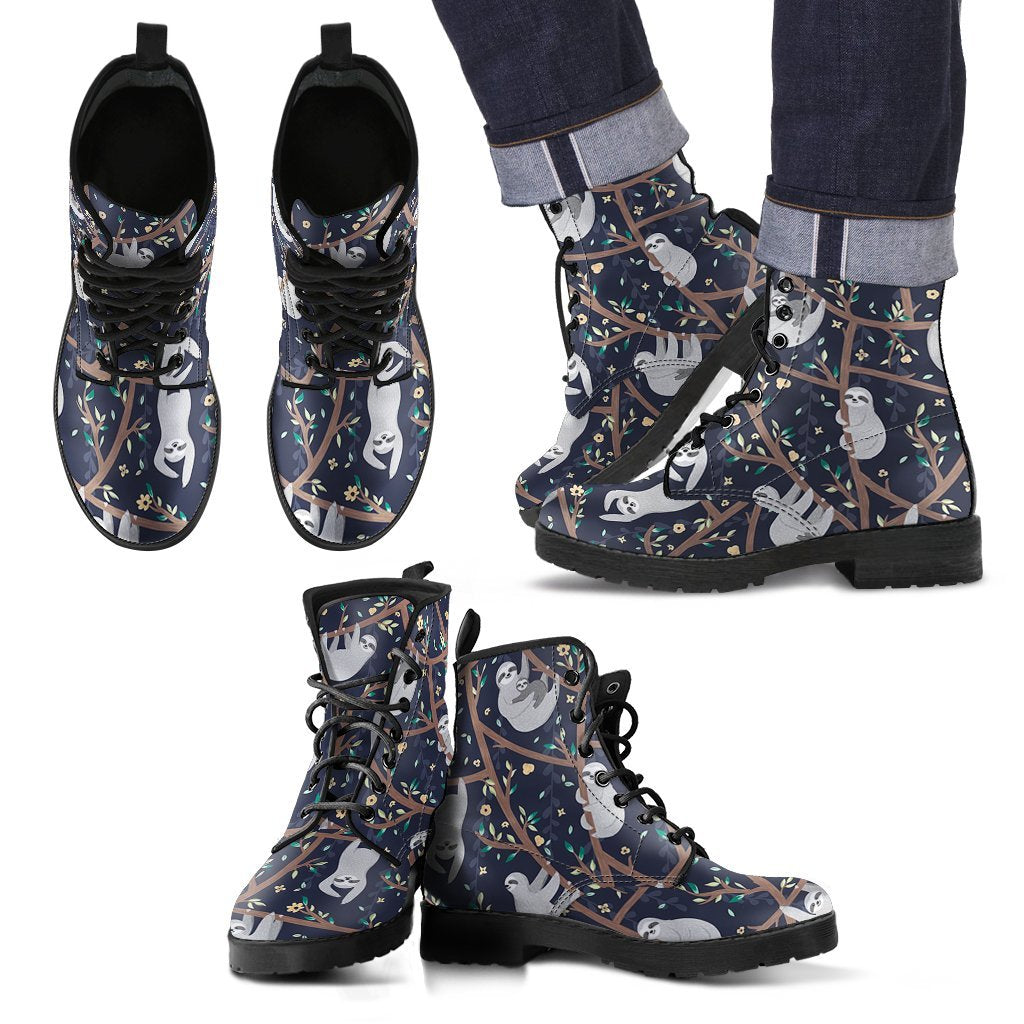 Sloth Floral Pattern Print Men Women Leather Boots-grizzshop
