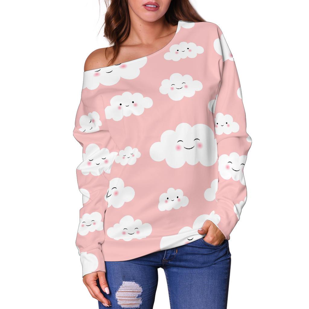 Smile Cloud Pattern Print Women Off Shoulder Sweatshirt-grizzshop