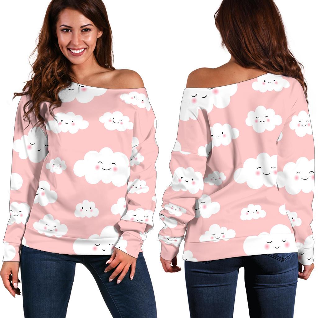 Smile Cloud Pattern Print Women Off Shoulder Sweatshirt-grizzshop
