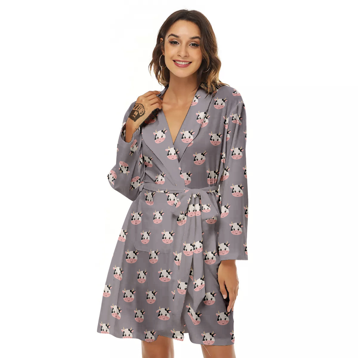 Smiley Cow Cartoon Print Pattern Women's Robe-grizzshop