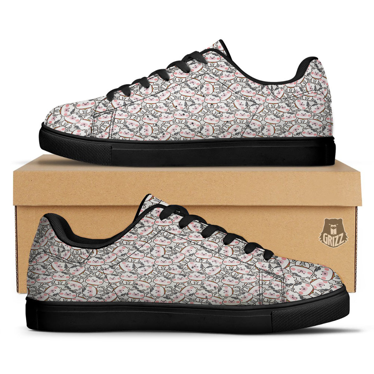 Smiley Cow Cute Print Pattern Black Low Top Sneakers-grizzshop
