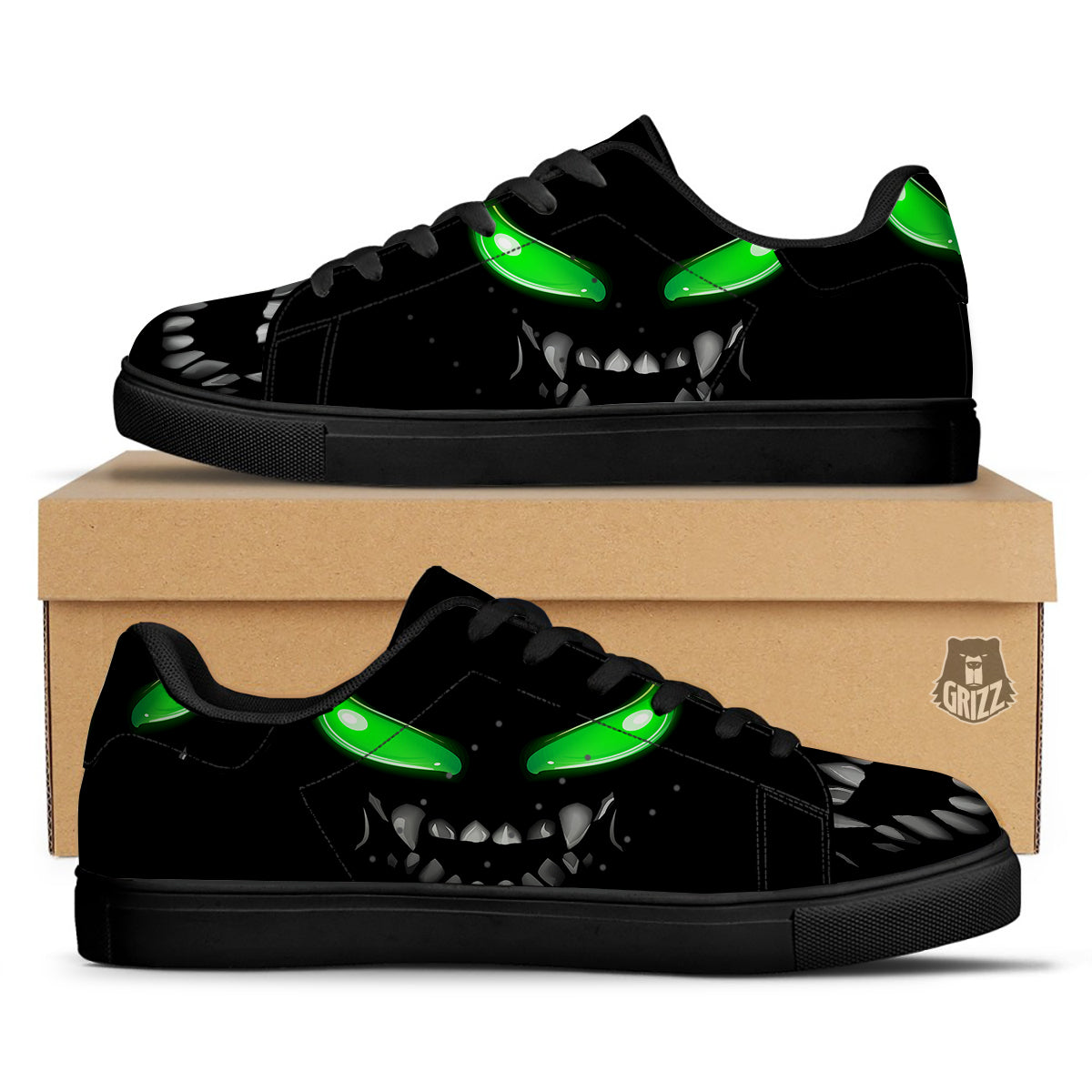Smiley Face Monster Black Print Black Low Top Sneakers-grizzshop