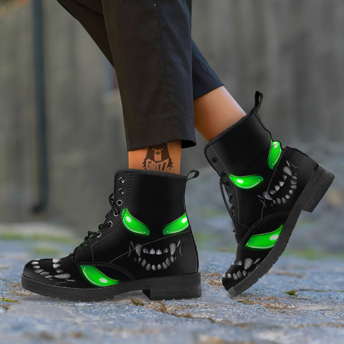 Smiley Face Monster Black Print Leather Boots-grizzshop
