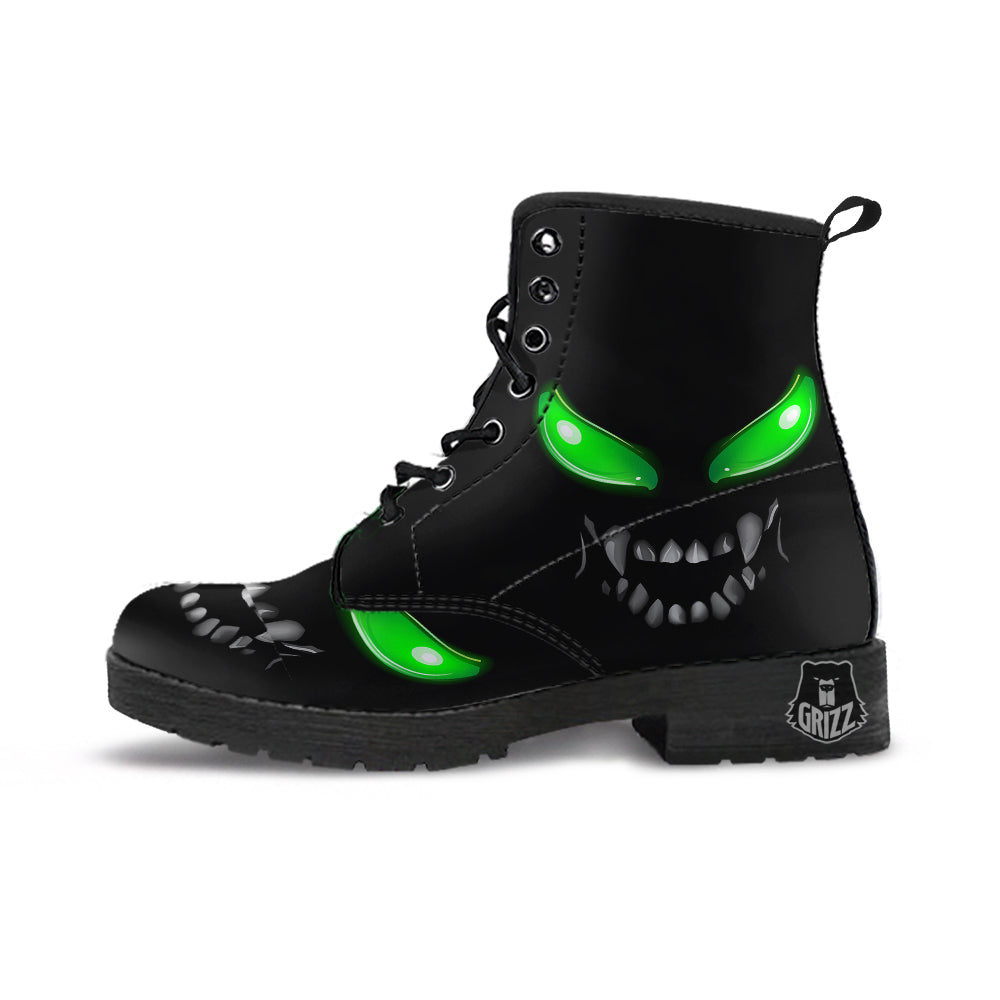 Smiley Face Monster Black Print Leather Boots-grizzshop