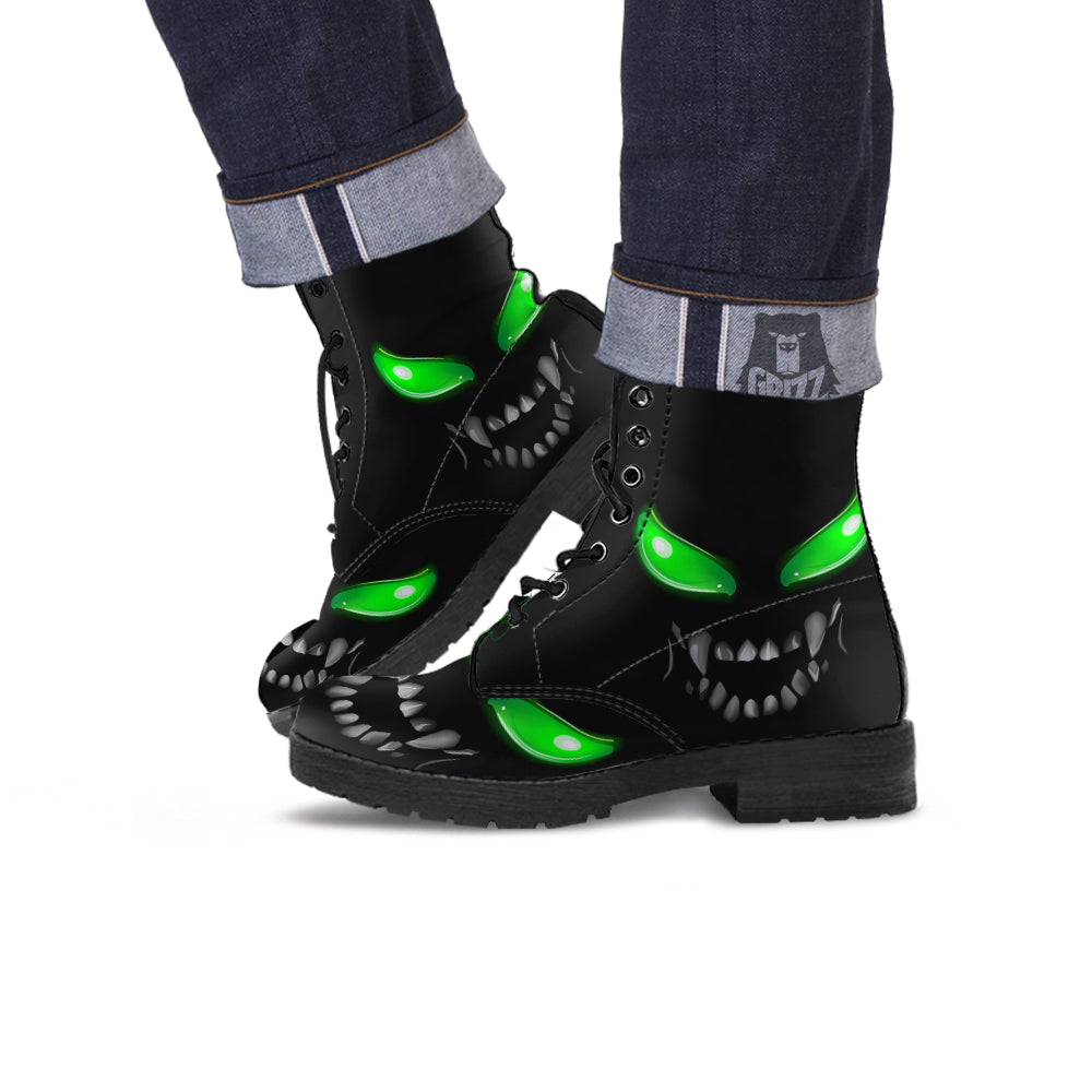 Smiley Face Monster Black Print Leather Boots-grizzshop