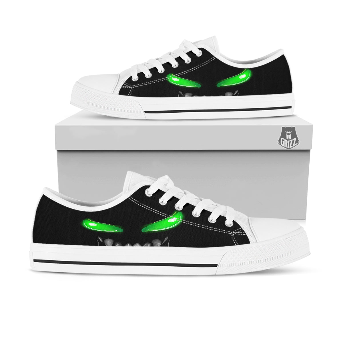 Smiley Face Monster Black Print White Low Top Shoes-grizzshop