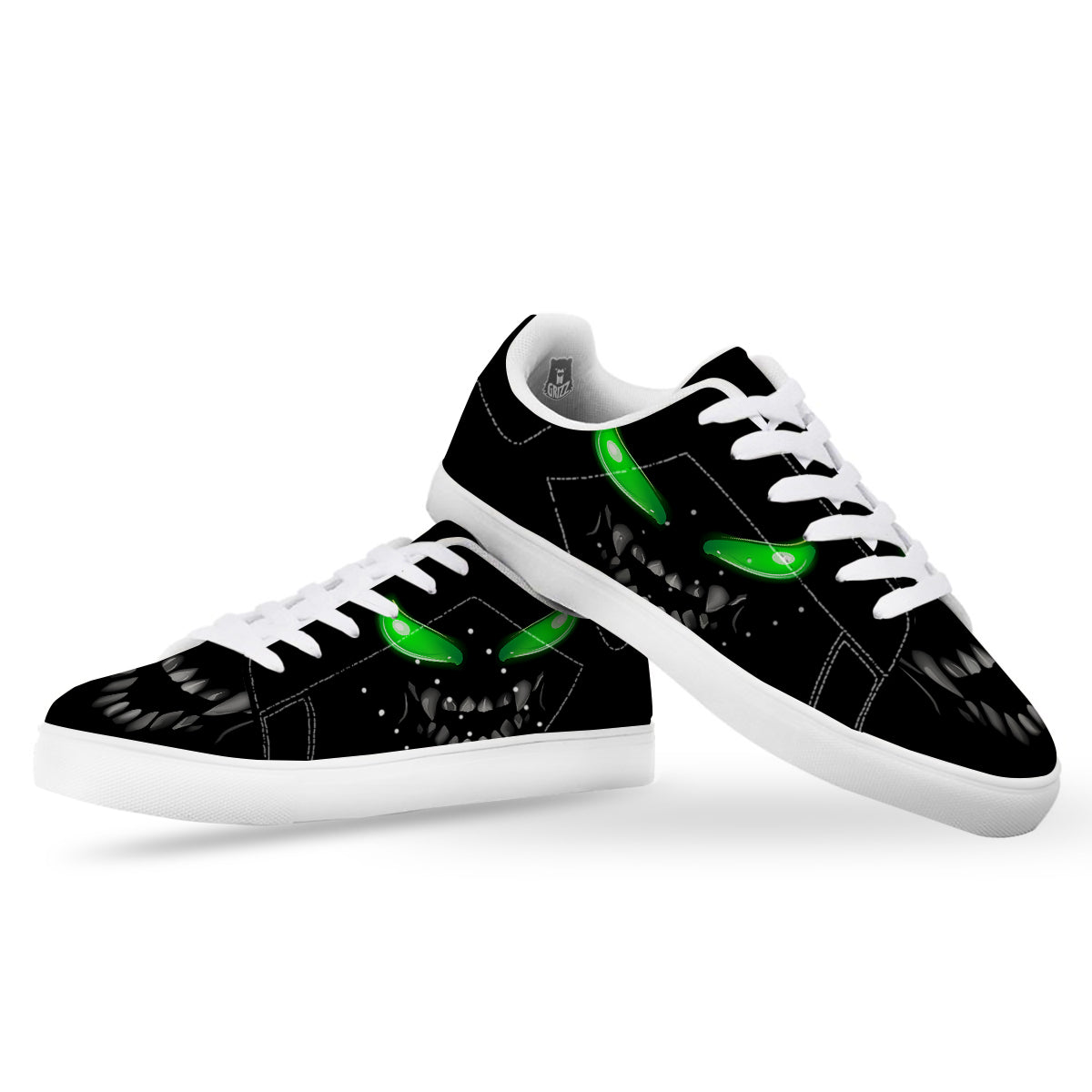 Smiley Face Monster Black Print White Low Top Sneakers-grizzshop