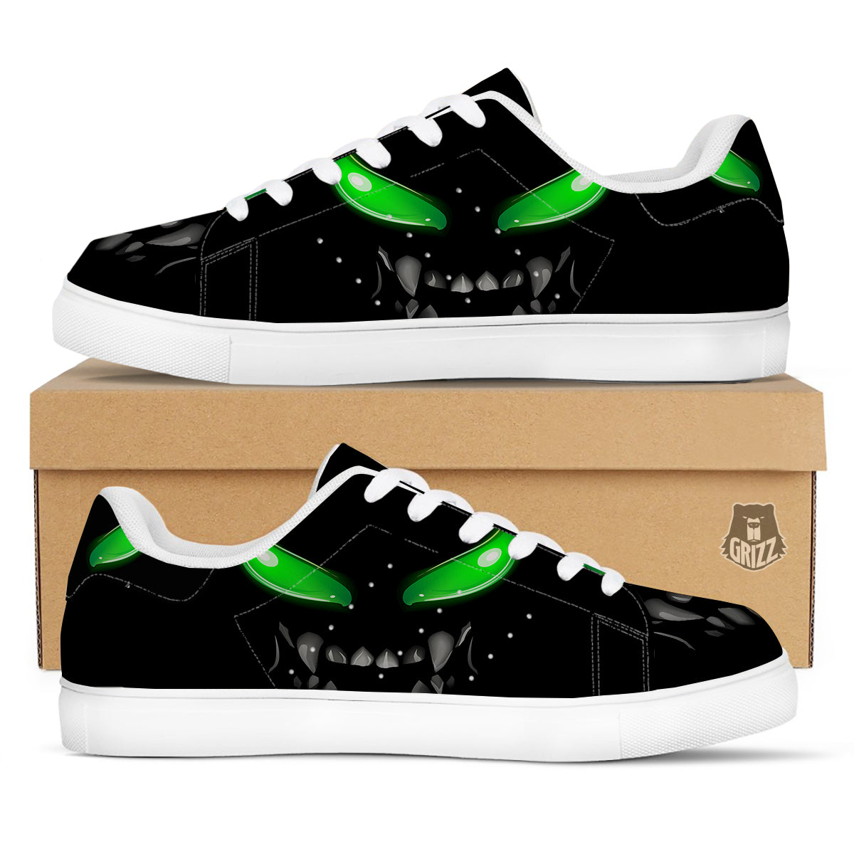 Smiley Face Monster Black Print White Low Top Sneakers-grizzshop