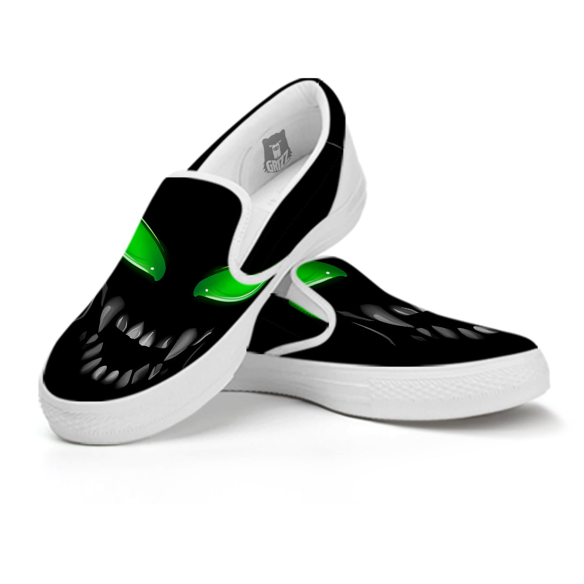 Smiley Face Monster Black Print White Slip On Shoes-grizzshop