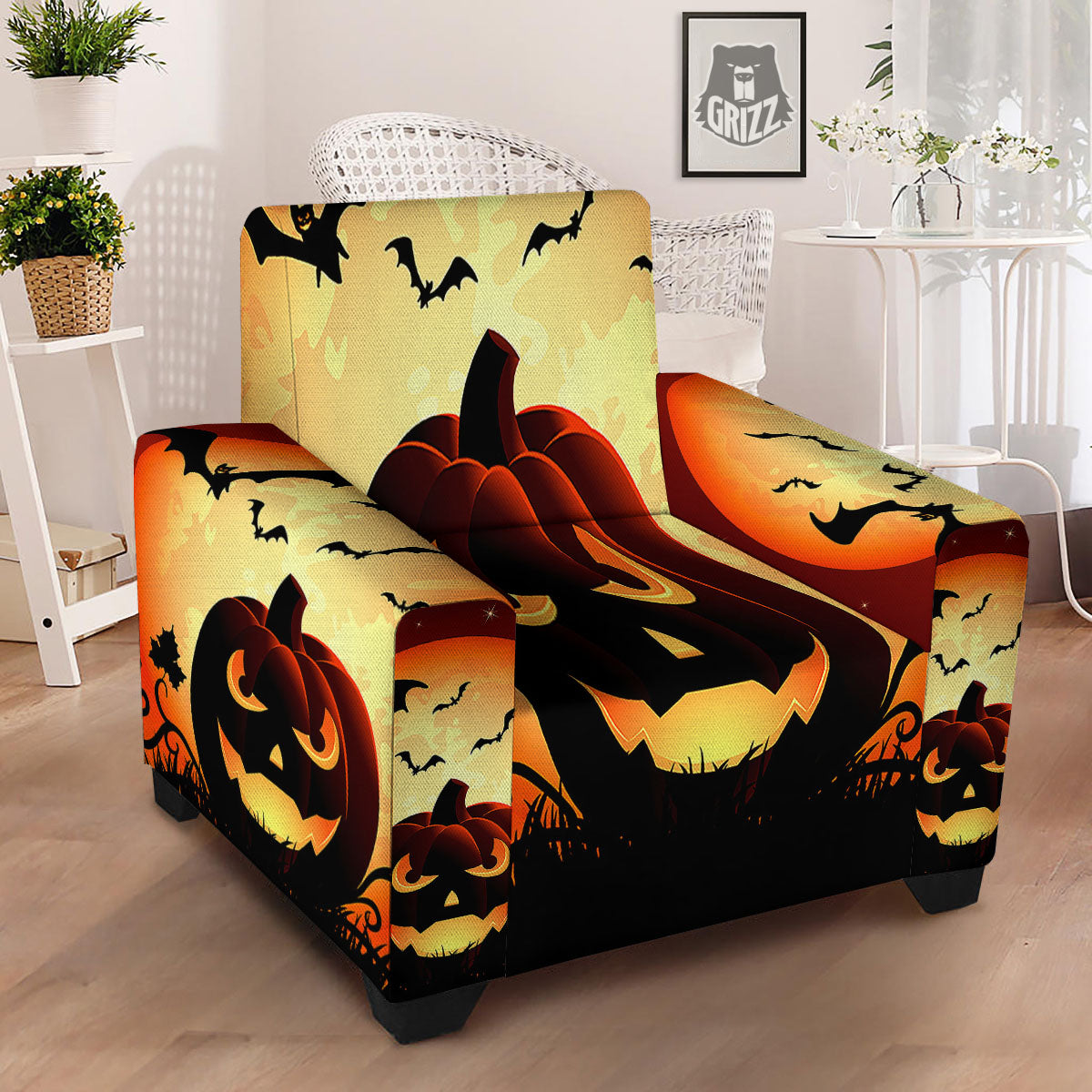 Smiley Faces Halloween Pumpkin Print Armchair Slipcover-grizzshop