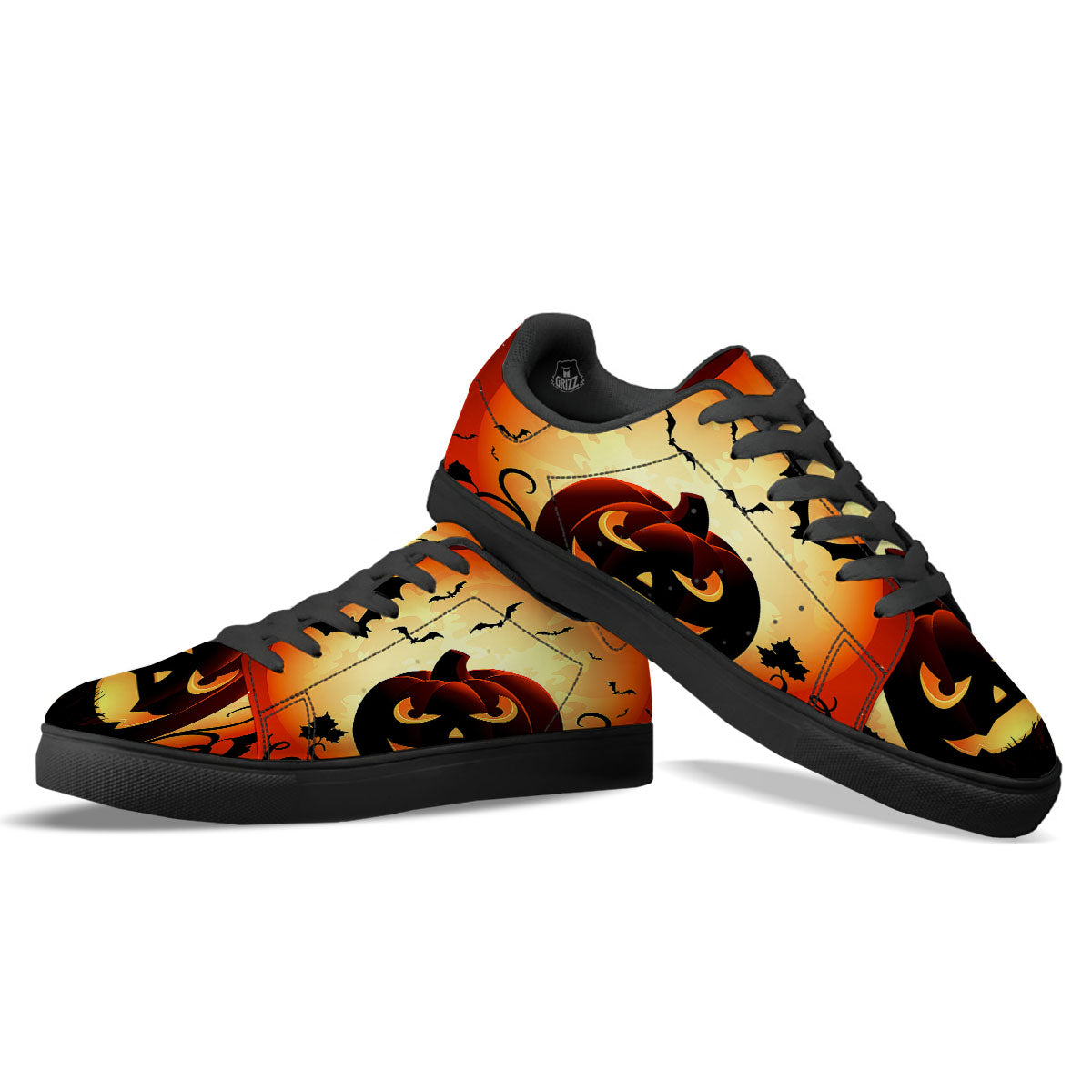 Smiley Faces Halloween Pumpkin Print Black Low Top Sneakers-grizzshop