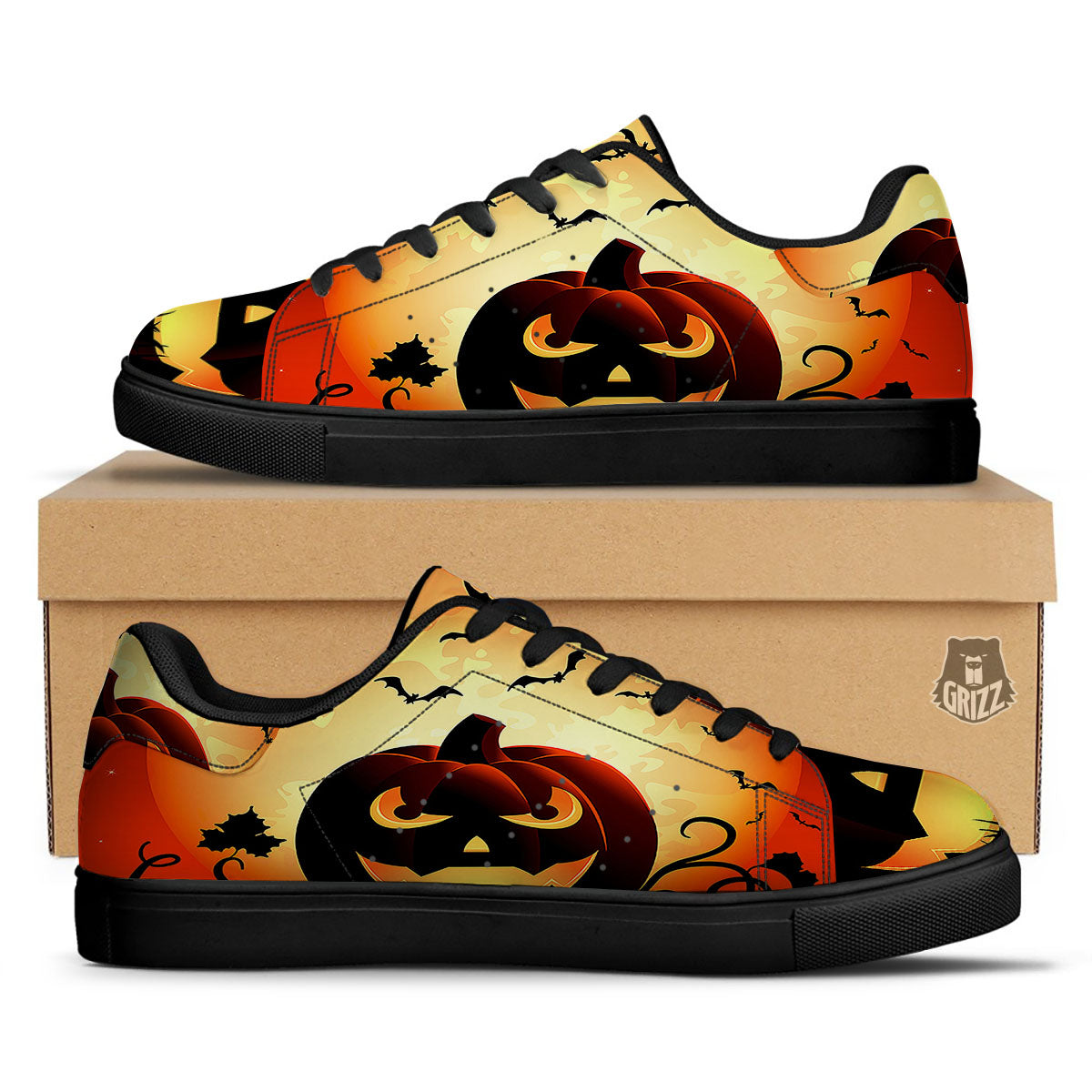 Smiley Faces Halloween Pumpkin Print Black Low Top Sneakers-grizzshop