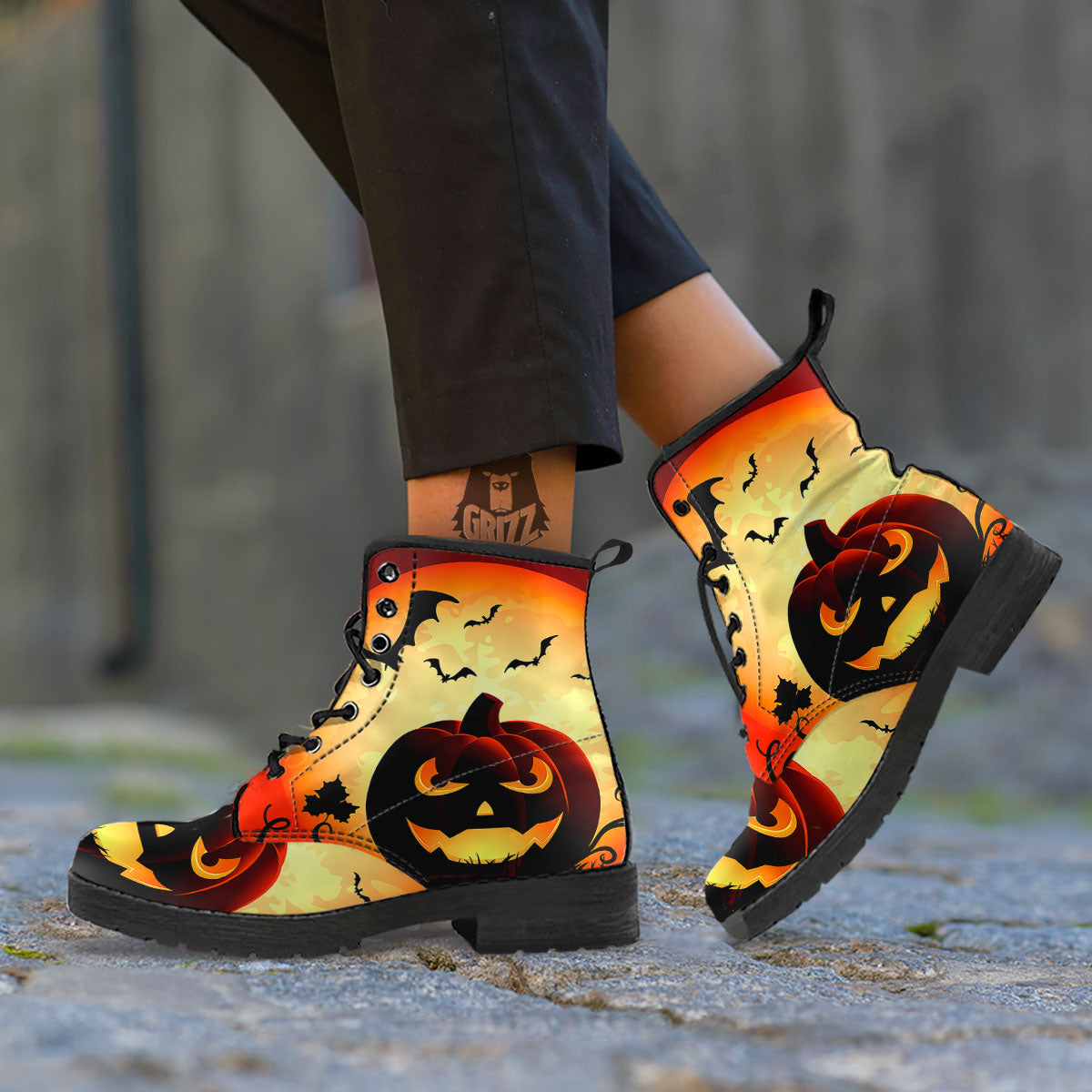 Smiley Faces Halloween Pumpkin Print Leather Boots-grizzshop