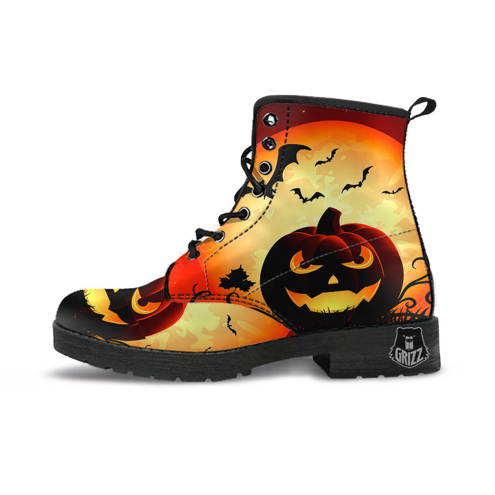 Smiley Faces Halloween Pumpkin Print Leather Boots-grizzshop