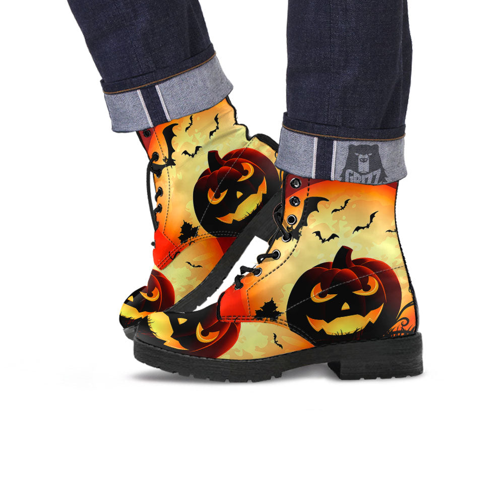 Smiley Faces Halloween Pumpkin Print Leather Boots-grizzshop