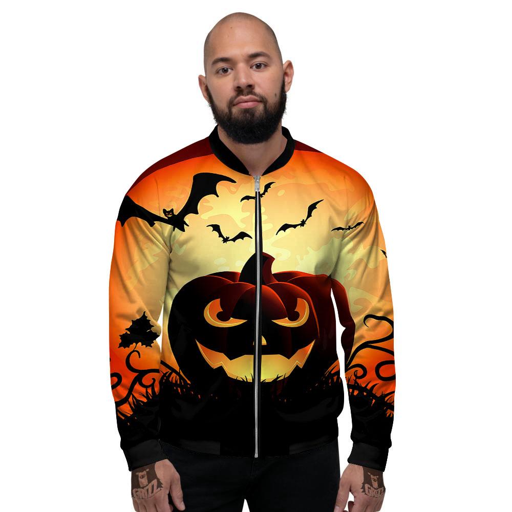 Smiley Faces Halloween Pumpkin Print Men's Bomber Jacket-grizzshop