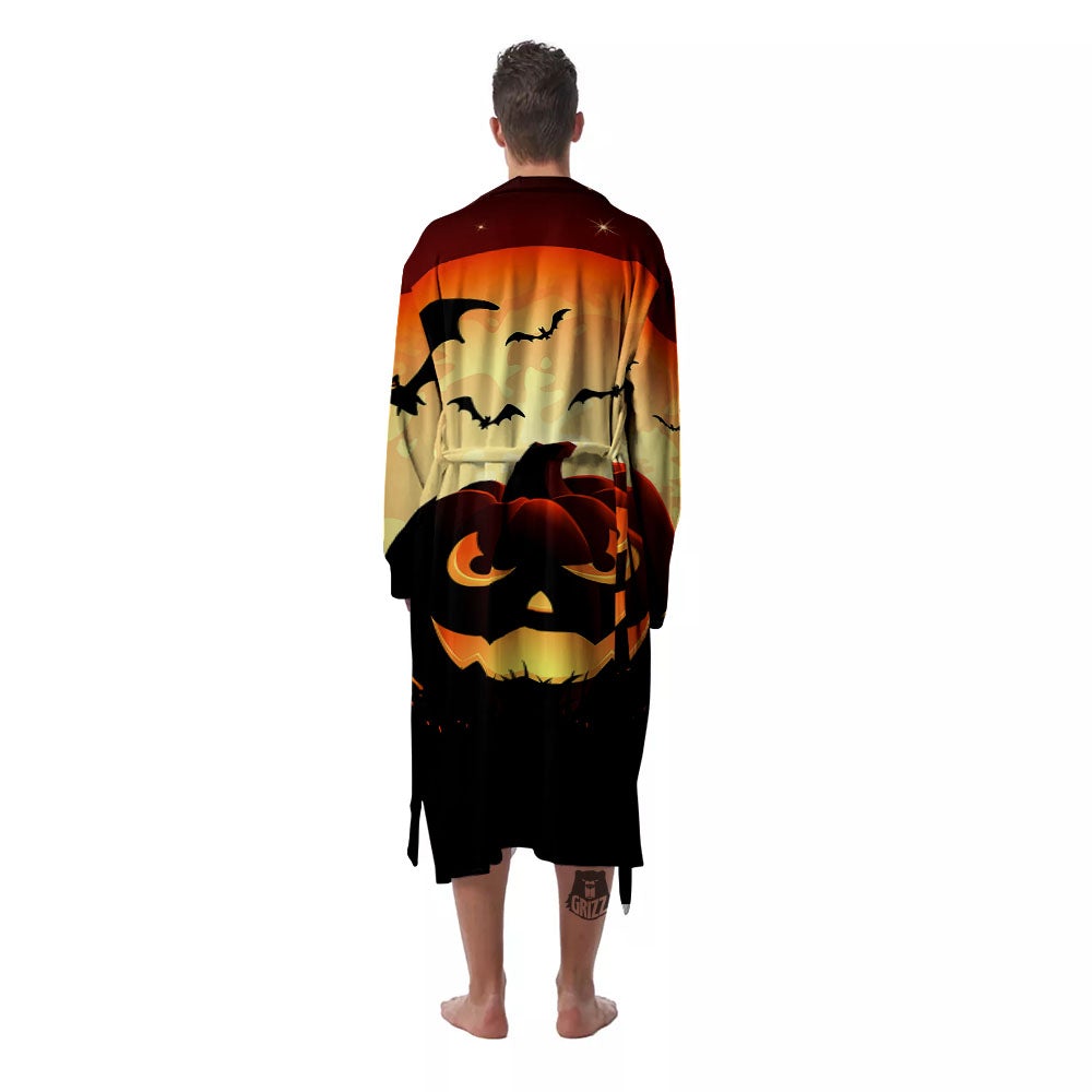 Smiley Faces Halloween Pumpkin Print Men's Robe-grizzshop