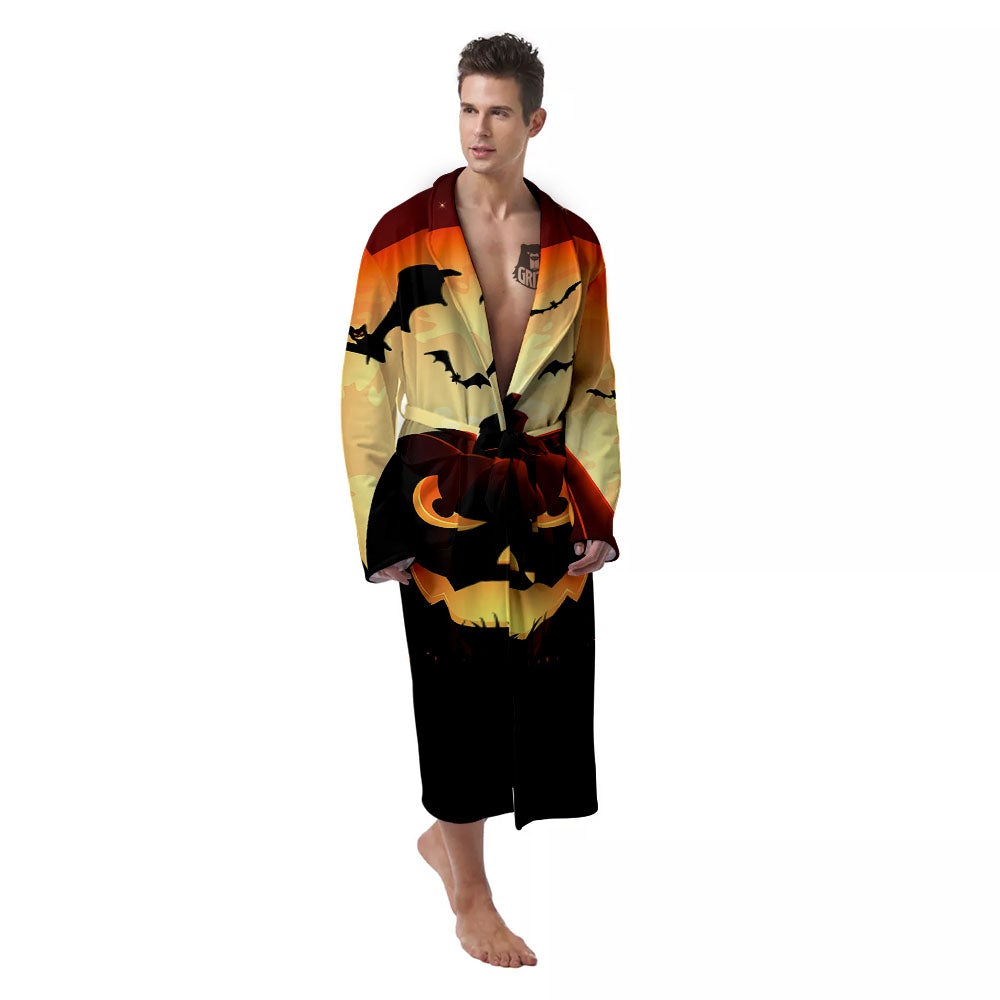 Smiley Faces Halloween Pumpkin Print Men's Robe-grizzshop