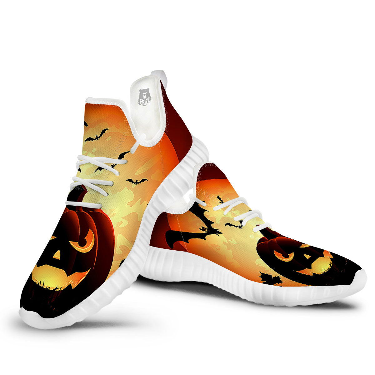 Smiley Faces Halloween Pumpkin Print White Walking Shoes-grizzshop