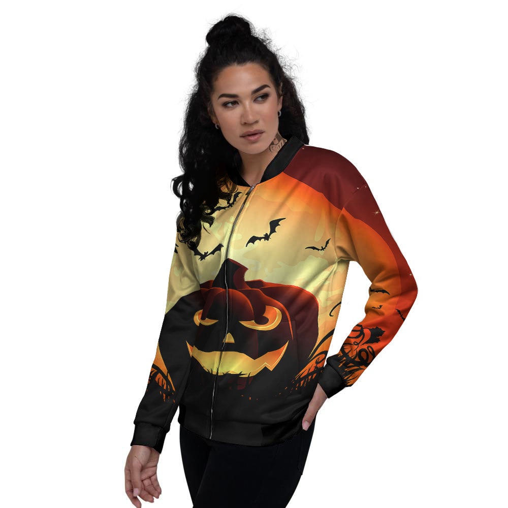 Smiley Faces Halloween Pumpkin Print Women's Bomber Jacket-grizzshop