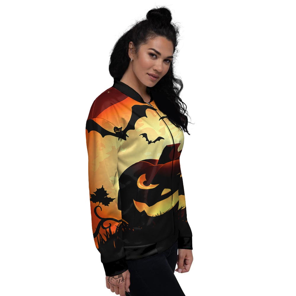 Smiley Faces Halloween Pumpkin Print Women's Bomber Jacket-grizzshop