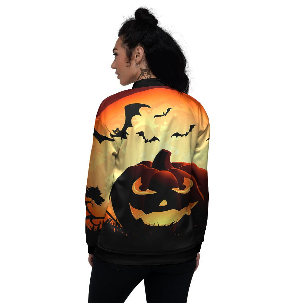 Smiley Faces Halloween Pumpkin Print Women's Bomber Jacket-grizzshop