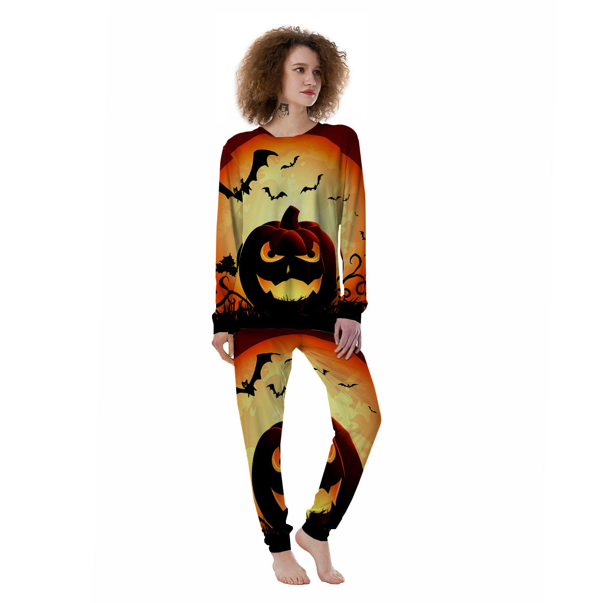 Smiley Faces Halloween Pumpkin Print Women's Pajamas-grizzshop