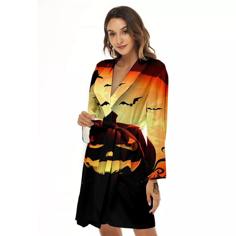 Smiley Faces Halloween Pumpkin Print Women's Robe-grizzshop