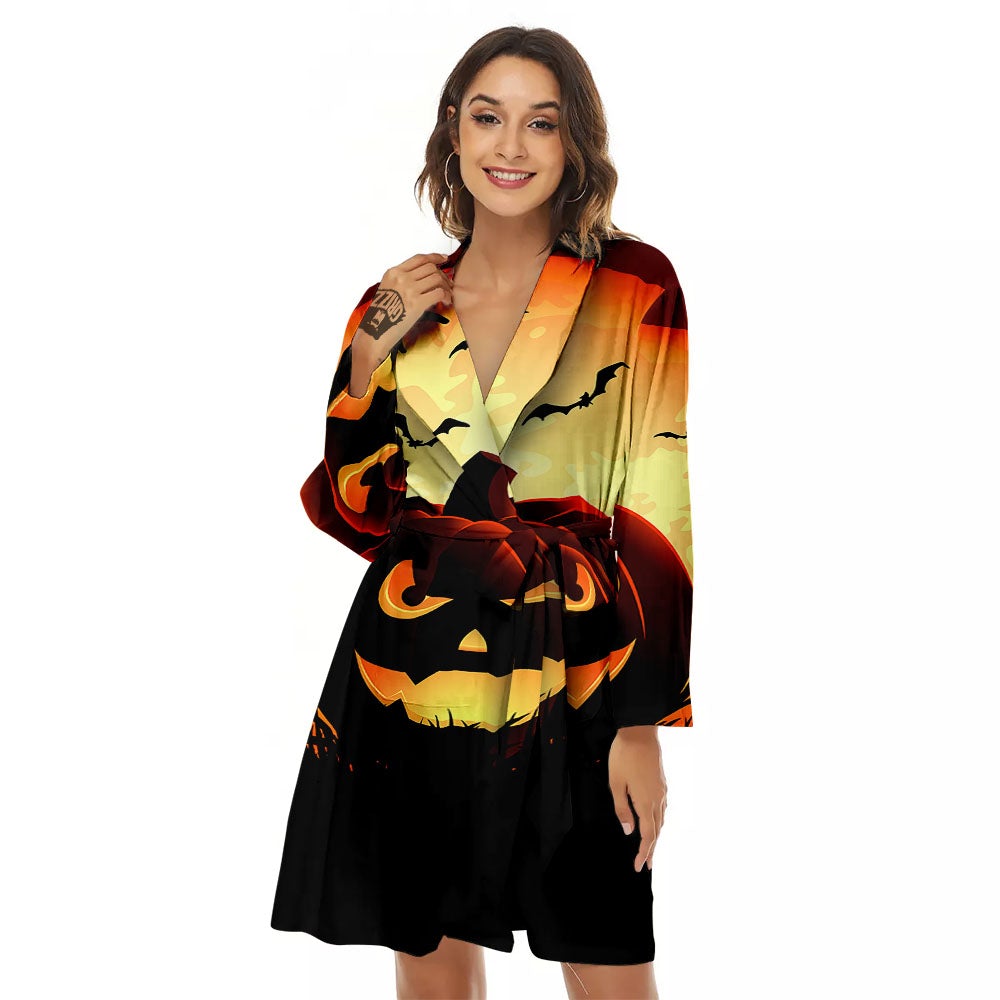 Smiley Faces Halloween Pumpkin Print Women's Robe-grizzshop