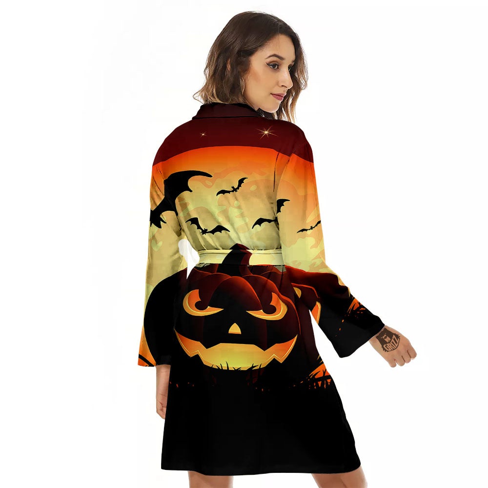 Smiley Faces Halloween Pumpkin Print Women's Robe-grizzshop