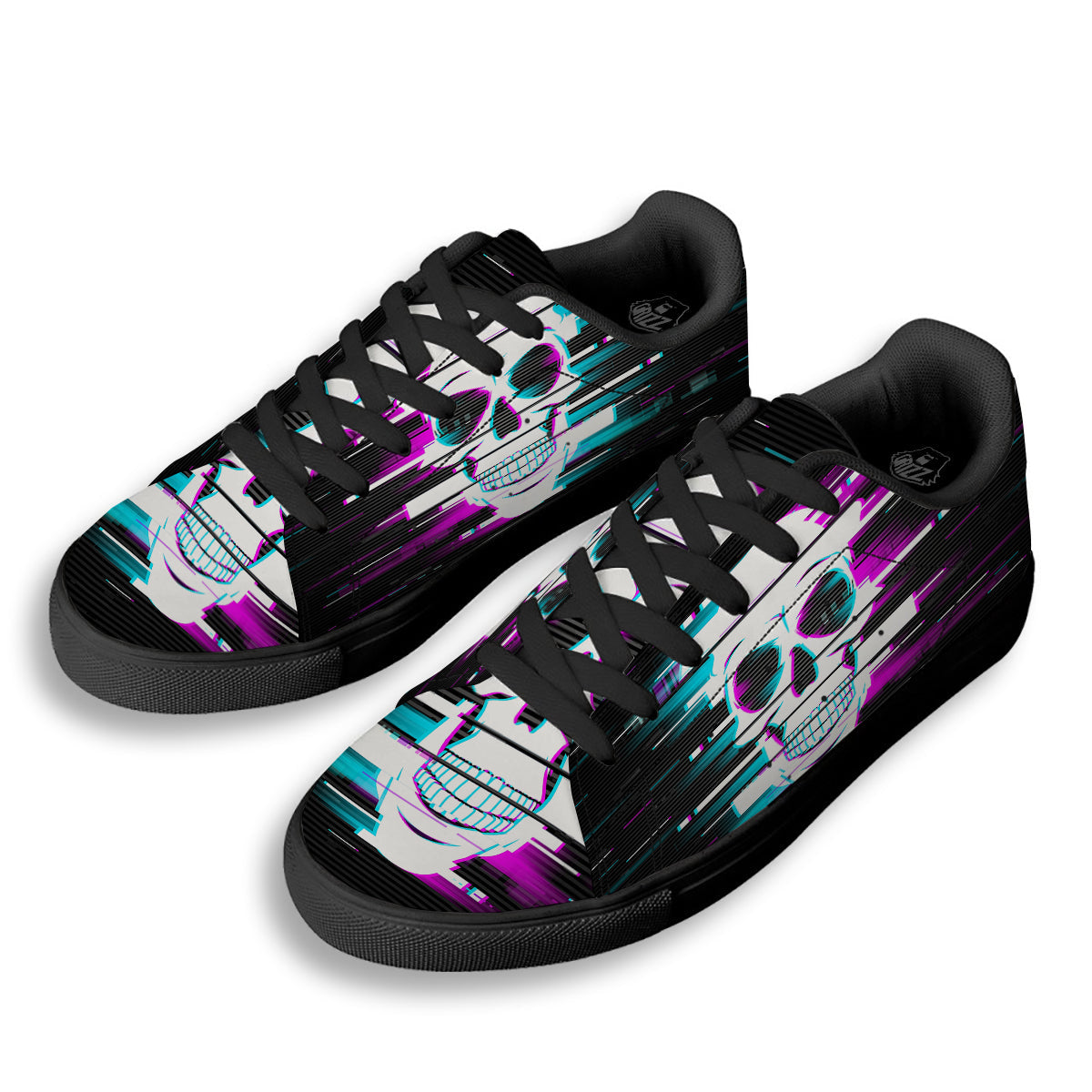 Smiling Skull Glitch Print Black Low Top Sneakers-grizzshop